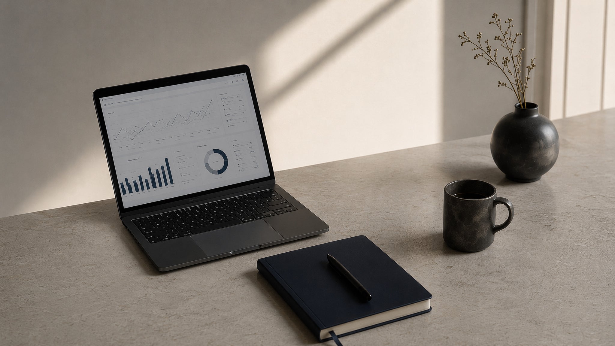 Laptop with a graph on screen, notebook, and mug on a desk for advertising marketing website consultant services