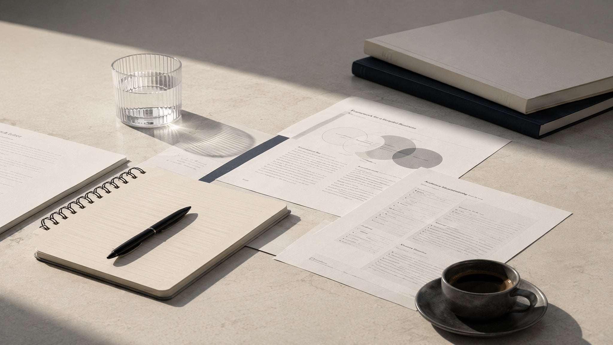Desk setup with notebook, pen, glass of water, and coffee cup on a light surface for advertising marketing website consultant services